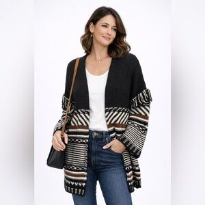 Fabrik Boho Tribal Open Front Cardigan Sweater Small Black White Brown